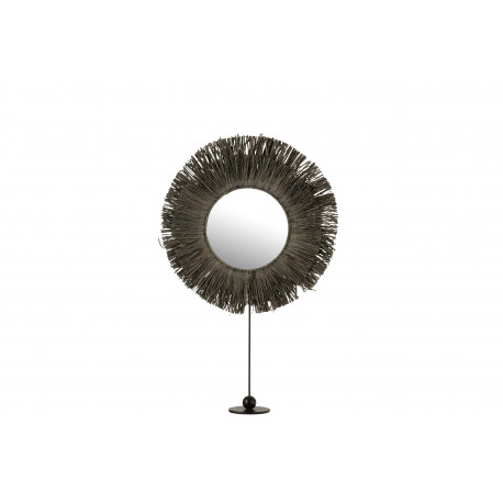 Miroir sur pied rond  en rotin et raphia