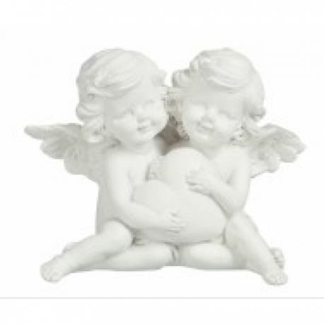 Statuette couple d'anges coeur en résine blanc Statuette couple d'anges coeur en résine blanc