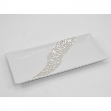 Plat rectangle en céramique blanc et argent 39 cm TORI Plat rectangle en céramique blanc et argent 39 cm TORI