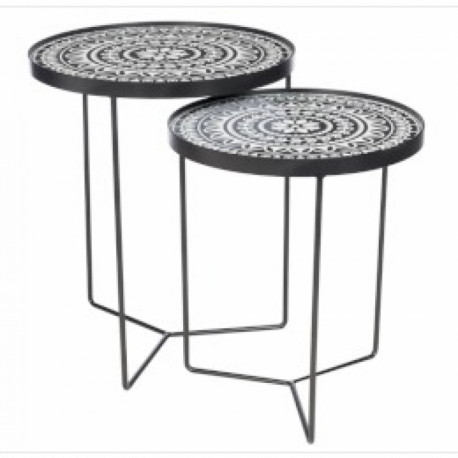 TABLE GIGOGNE MOTIFS DE FLEURS RONDE METAL NOIR/BLANC TABLE GIGOGNE MOTIFS DE FLEURS RONDE METAL NOIR/BLANC