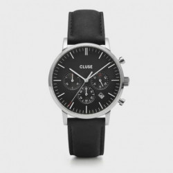 Montre Homme Aravis Chrono Argentée Cuir Noir Fond Noir Cluse