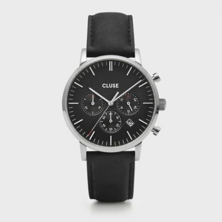 Montre Homme Aravis Chrono Argentée Cuir Noir Fond Noir Cluse