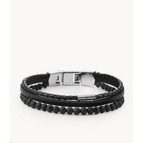 Bracelet Homme Multi-Rangs Cool Lave Noire et Cuir Fossil