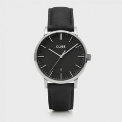 Montre Homme Aravis Argentée Cuir Noir Fond Noir Cluse