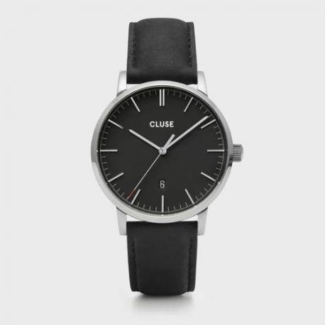 Montre Homme Aravis Argentée Cuir Noir Fond Noir Cluse