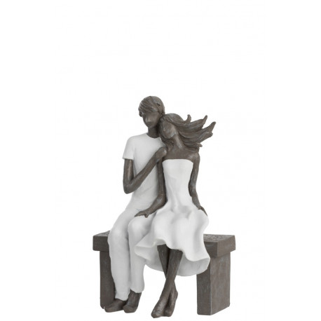 Statuette Couple sur un banc en résine blanc et gris Statuette Couple sur un banc en résine blanc et gris