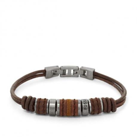 Bracelet Homme Vintage Casual en Cuir Marron et Acier Fossil