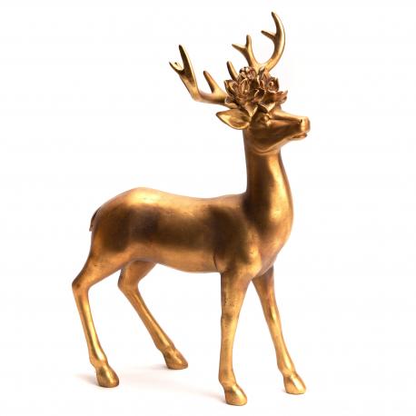 Statuette Cerf fleurs doré en résine