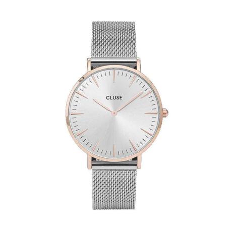 Montre Femme La Bohème Argentée et Boitier Rosé Bracelet Milanais Fond Gris Cluse Montre Femme La Bohème Argentée et Boitier Rosé Bracelet Milanais Fond Gris Cluse