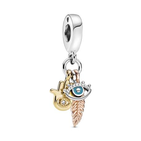 Charm Pendant Spiritualite Main de Fatma, oeil qui voit tout & Plume PANDORA MOMENTS