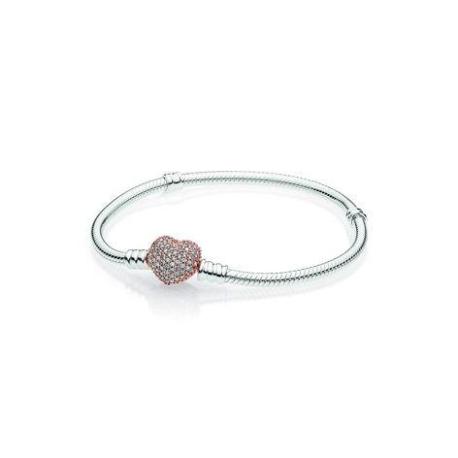 Bracelet Maille Serpent Fermoir Cÿur Rose Scintillant Couleur ARGENT et ROSE PANDORA MOMENTS Taille 18