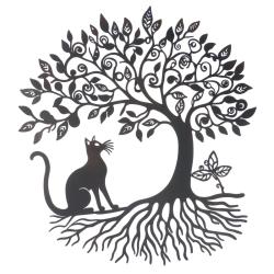 Décoration murale arbre et chat en métal noir