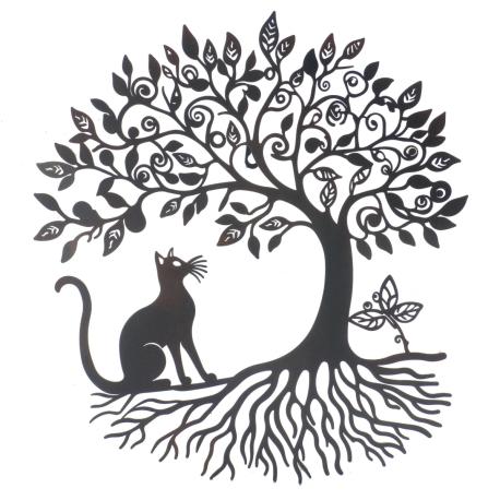 Décoration murale arbre et chat en métal noir