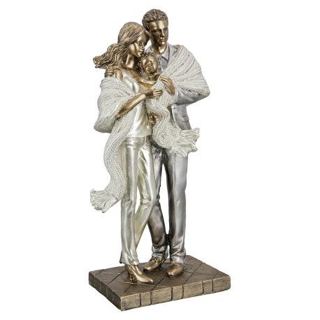 Sculpture Famille un enfant en résine doré et argenté