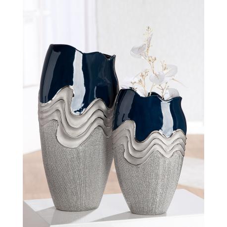 Vase Wavy en céramique argent et bleu