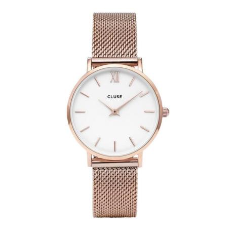 Montre Femme Minuit Bracelet Milanais Rosé Fond Blanc Cluse